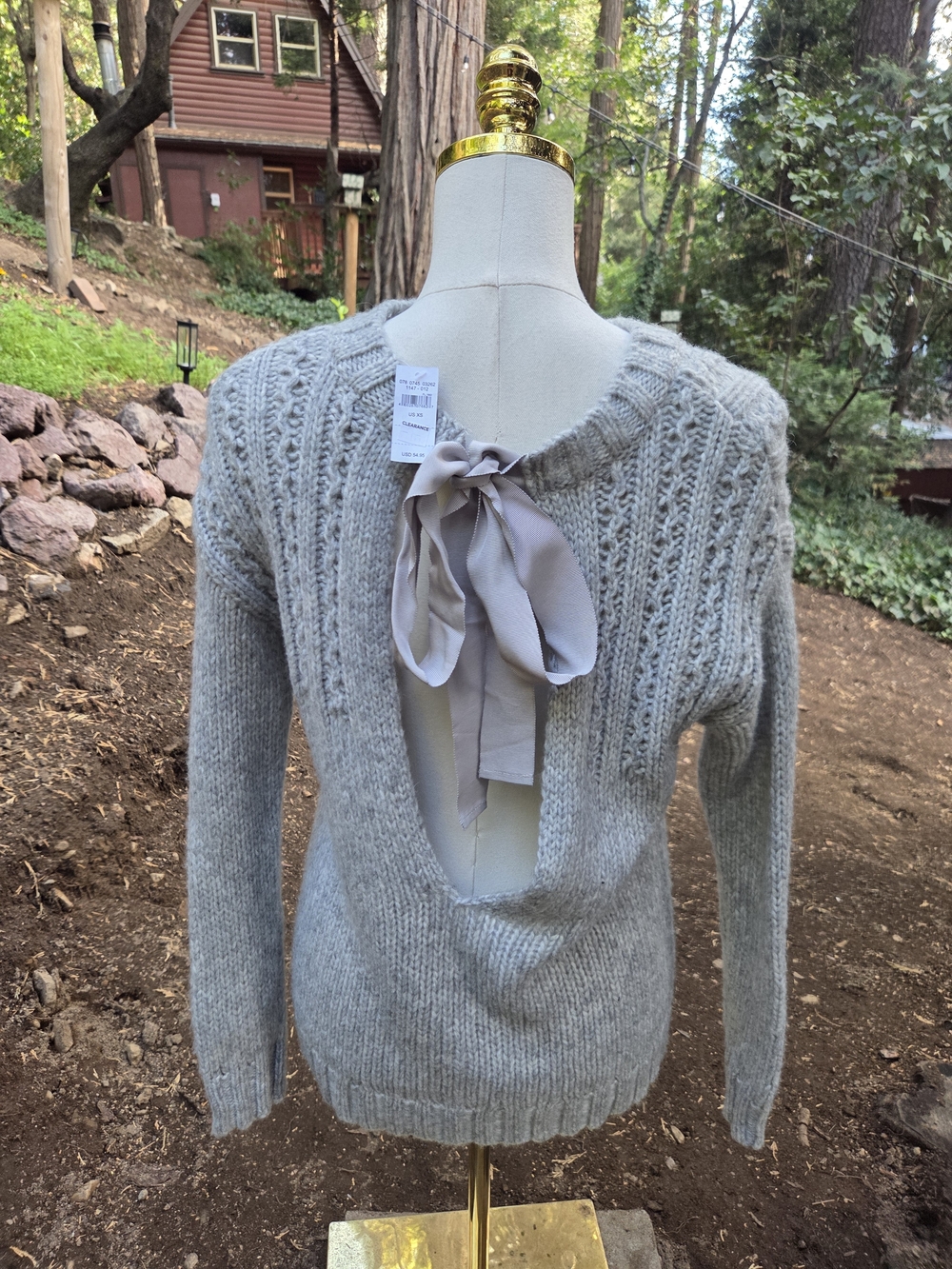 Aerie NWT Women’s Light Gray Open-Back Knit Sweater with Ribbon Tie